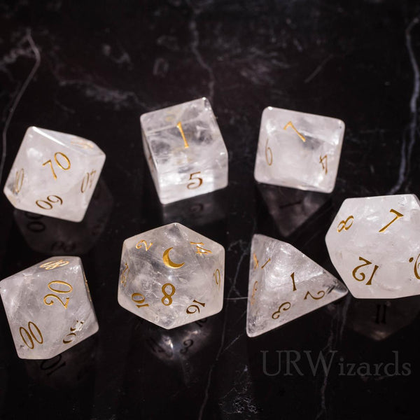 URWizards Dnd Clear Quartz Gemstone Engraved Dice Set Moon Style - Urwizards