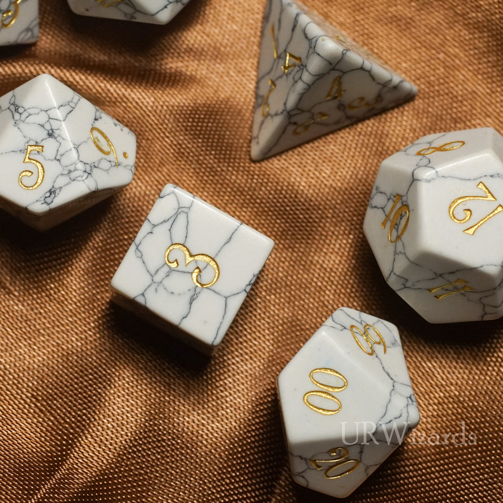 URWizards D&D White Howlite Gemstone Engraved Dice Set | Urwizards