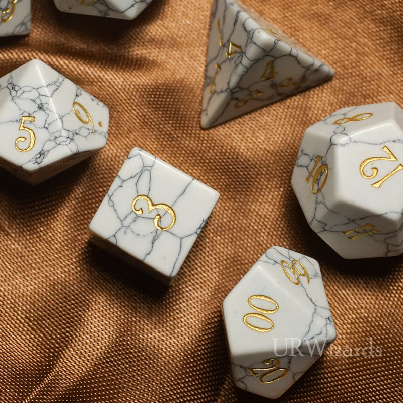 URWizards D&D White Howlite Gemstone Engraved Dice Set | Urwizards