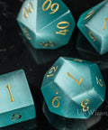 URWizards Dnd Aquamarine Cat's Eye Gemstone Engraved Dice Set - Urwizards
