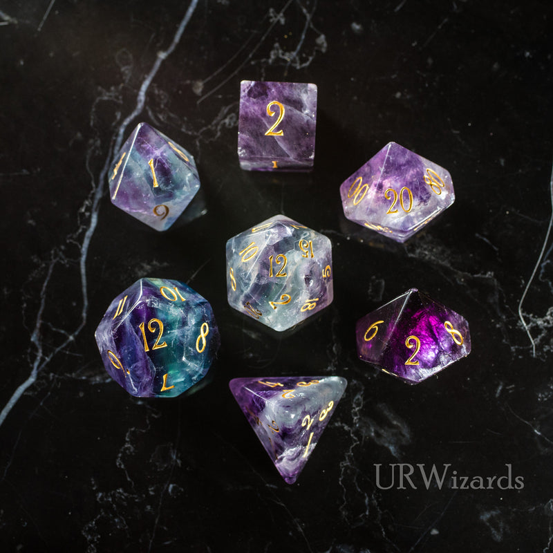 Dnd Purple Flurorite Gemstone Engraved Dice Set - Urwizards