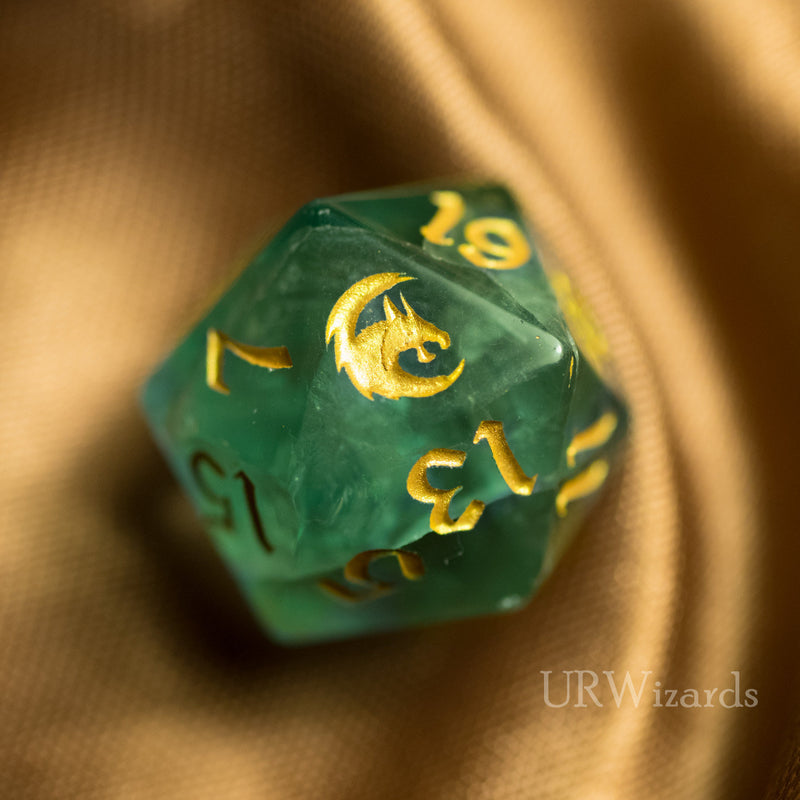 URWizards Dnd Green Fluorite Gemstone Engraved Dice Set Dragon Style - Urwizards
