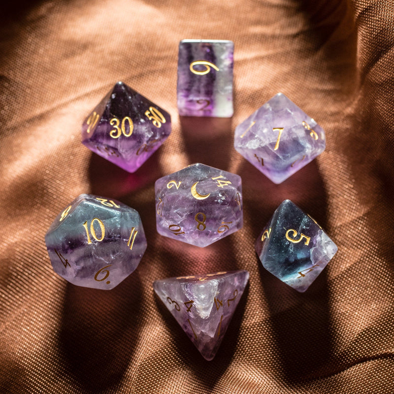 URWizards Dnd Purple Fluorite Gemstone Engraved Dice Set Moon Style - Urwizards