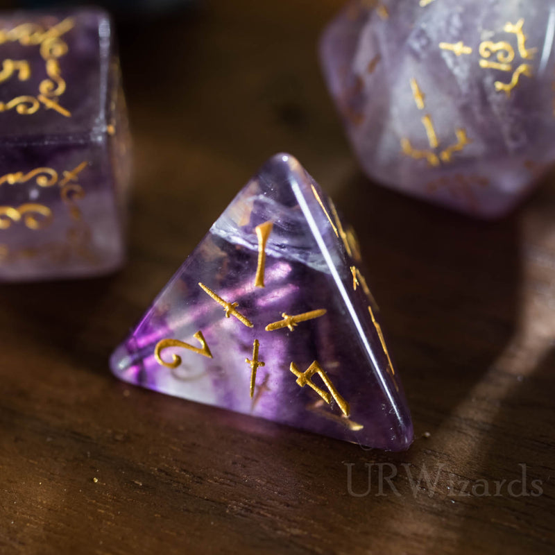 URWizards Dnd Purple Fluorite Gemstone Engraved Dice Set Dagger Rogue Style - Urwizards
