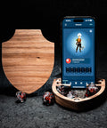 a cell phone sitting on top of a wooden board
