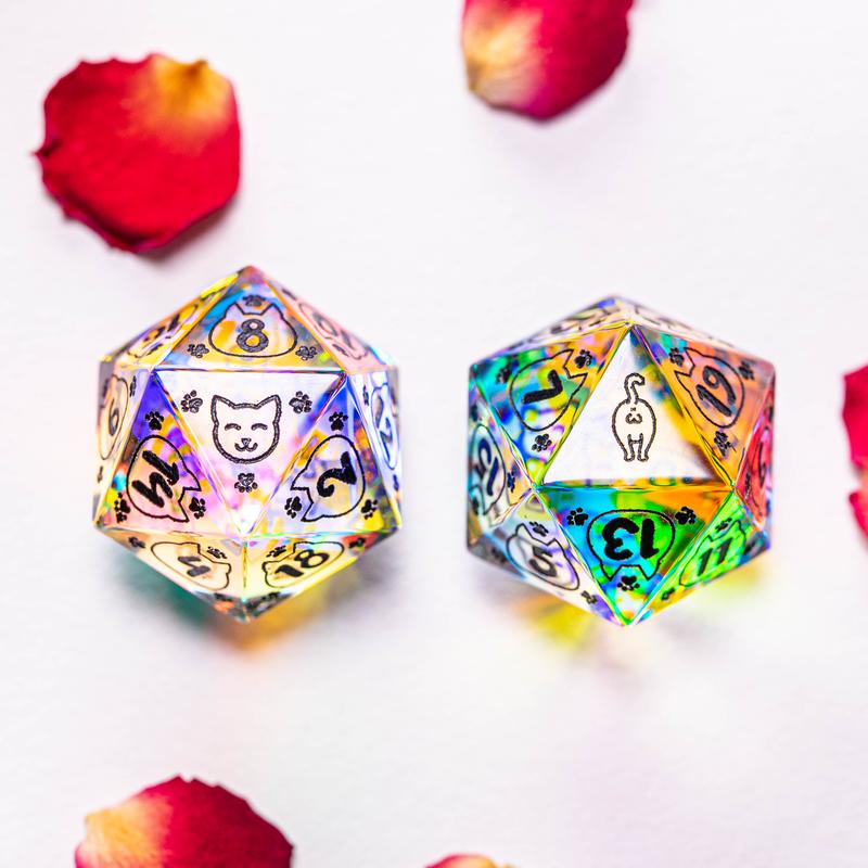 URWizards Dnd Dichroic Prism  Glass D20 Dice Meow Style Black Inked - Urwizards
