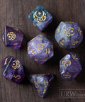 Dnd Purple Fluorite Gemstone Engraved Dice Set Moon & Star Style - Urwizards