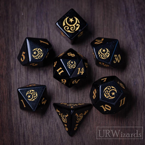 URWizards D&D Obsidian Engraved Dice Set Moon&Star Style - Urwizards